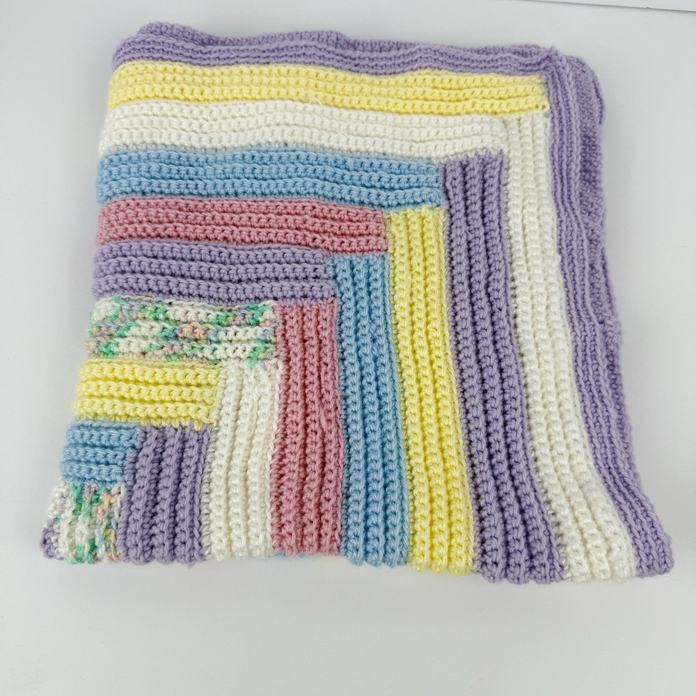 Handmade Crocheted Baby Blanket Pastel Patchwork Knit Throw Nursery - Picture 4 of 6